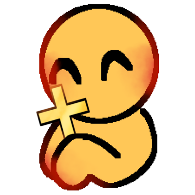 an emoji yellow person with closed eyes holding a golden Christian cross.